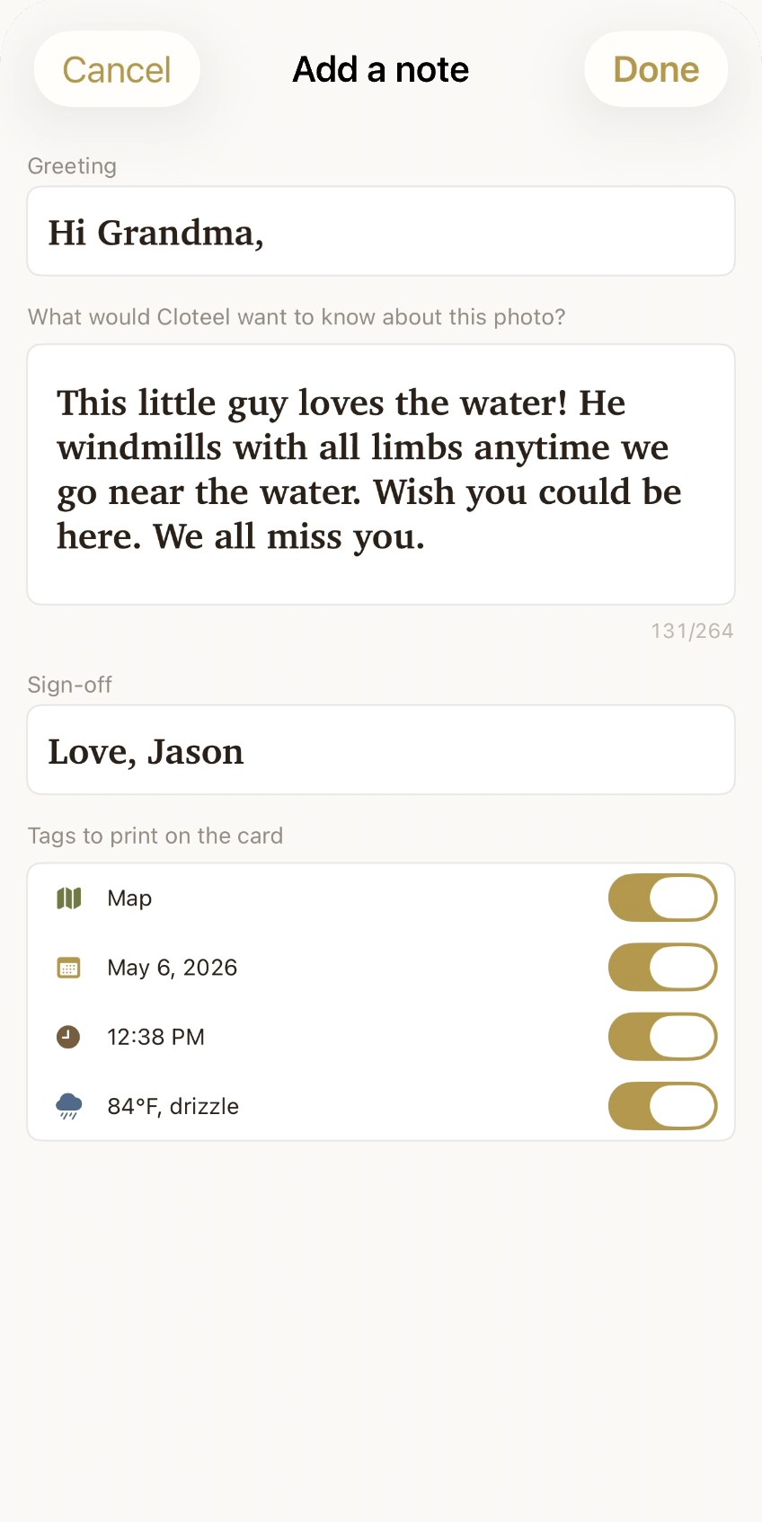 Message editor with Map, Date, Time, and Weather toggles all enabled, with a real character counter showing 131 of 264.