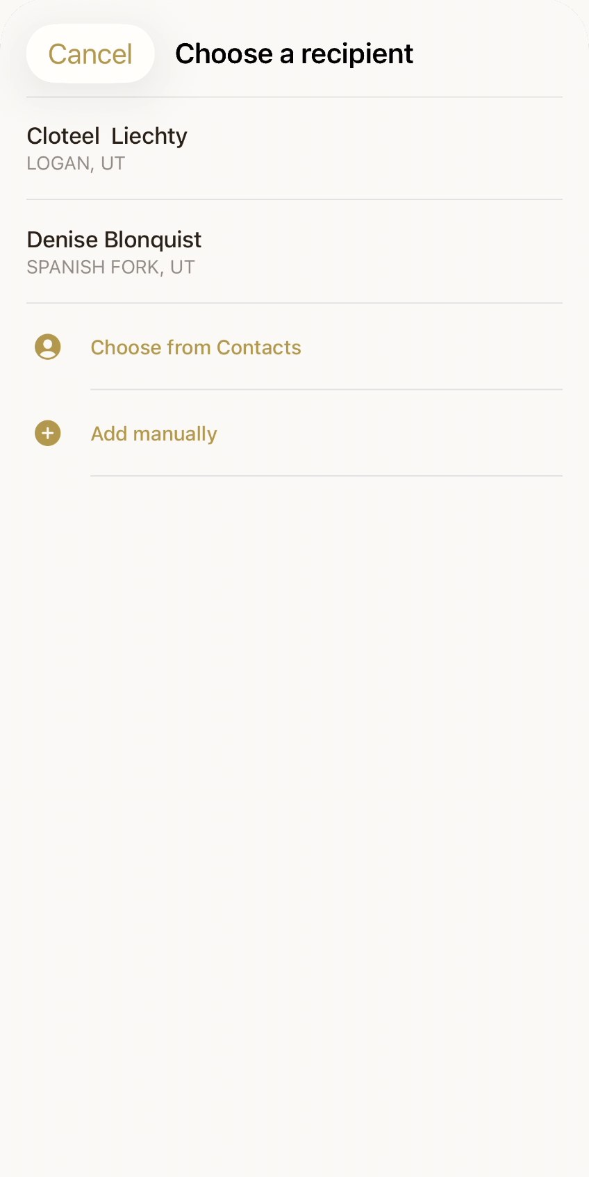Recipient picker showing two saved recipients and options to choose from Contacts or add manually.